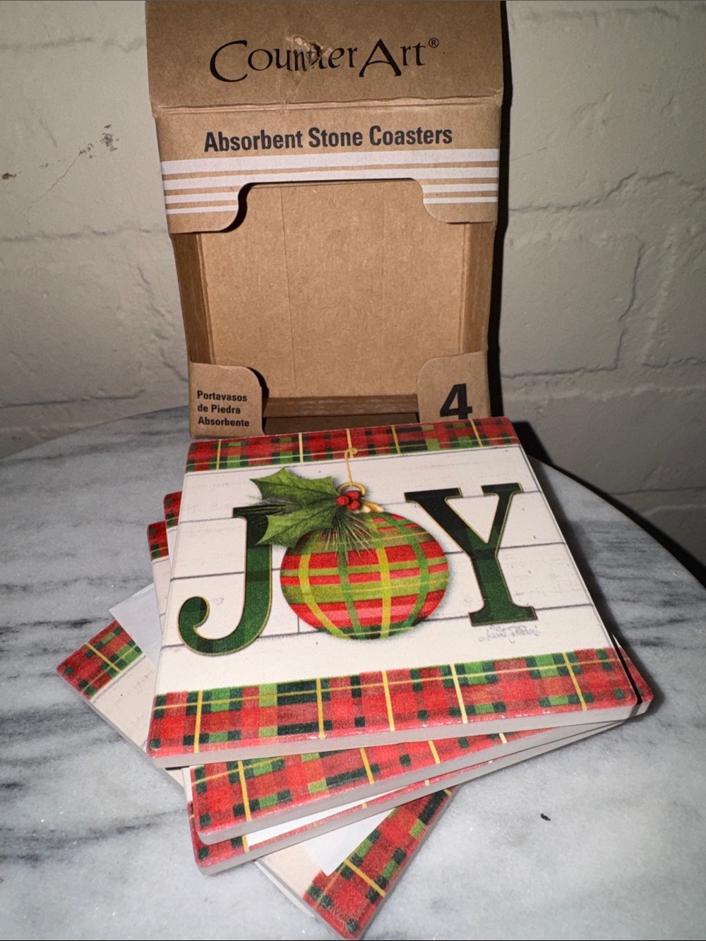 Counter Art JOY Plaid Holiday Absorbent Stone Coasters set of 4